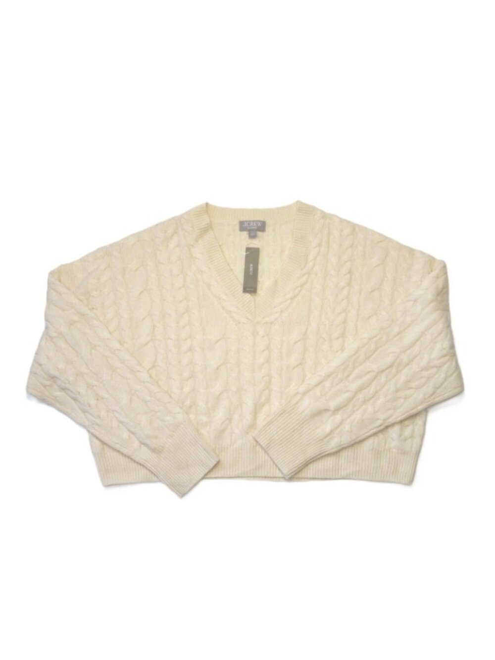 NWT J.Crew Cashmere Cropped Cable-knit V-neck Sweater in Warm Sesame Ivory L - Picture 5 of 9